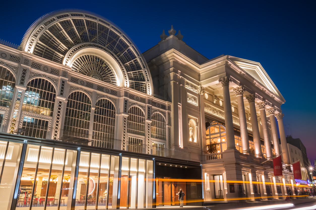 The Royal Opera House and the Paul Hamlyn Hall, Bow Street facade, at dusk in Covent Garden, London