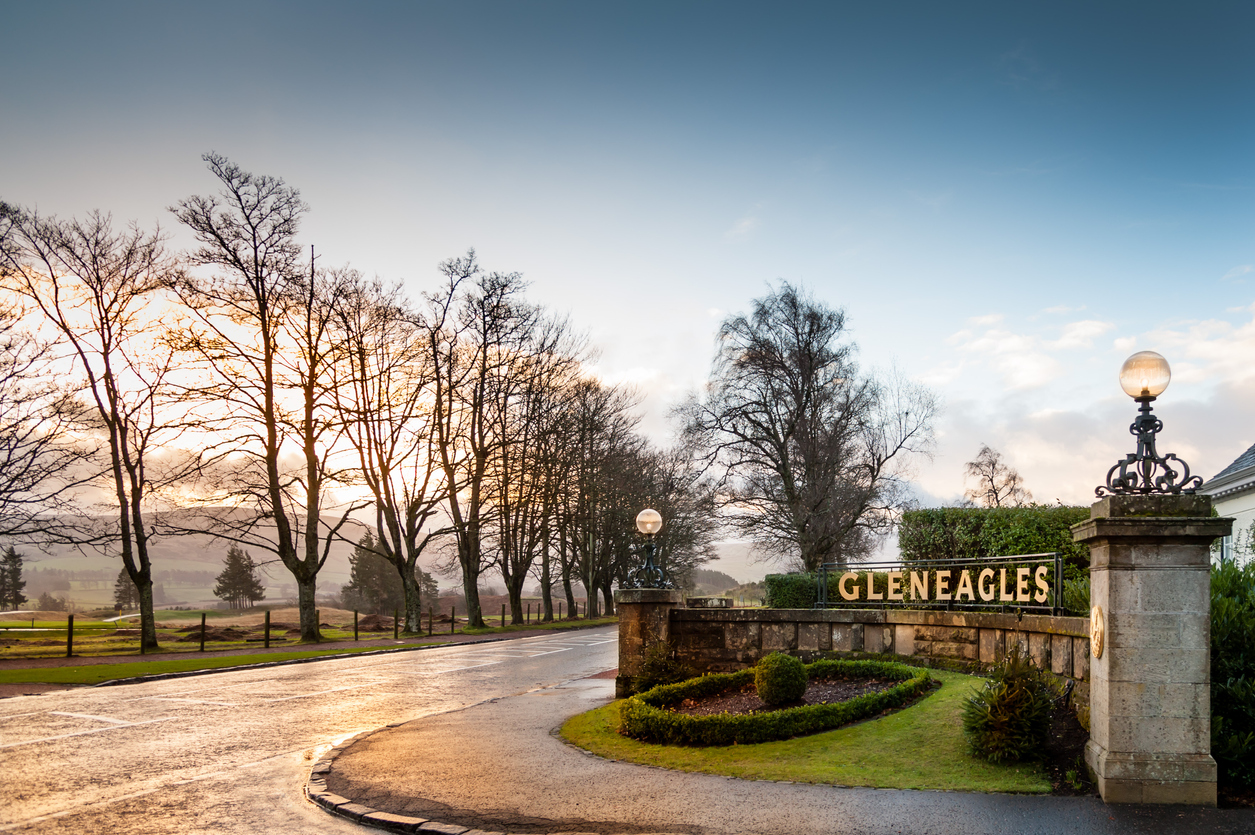 Entrance to Gleneagles Hotel at sunrise.